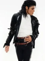 A detailed focus on the metallic buckle and front fastening of the Jaafar Jackson Michael Black Belted Leather Jacket.