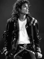 The front profile of the Jaafar Jackson Michael Black Belted Leather Jacket featuring broad shoulders and a central belt.