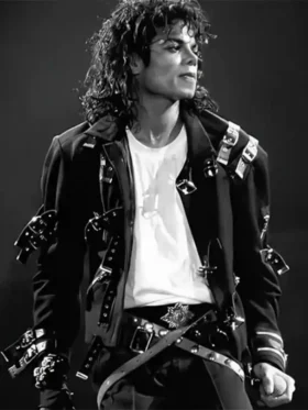 The front profile of the Jaafar Jackson Michael Black Belted Leather Jacket featuring broad shoulders and a central belt.