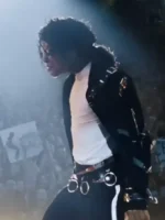 A side profile of the Jaafar Jackson Michael Black Belted Leather Jacket highlighting the cinched waist and sleek sleeves.