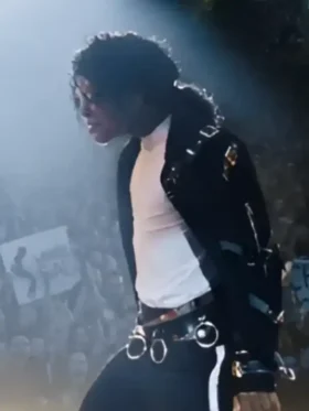 A side profile of the Jaafar Jackson Michael Black Belted Leather Jacket highlighting the cinched waist and sleek sleeves.