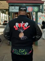 Back view of the iconic Jae Tips Savior Black Varsity Jacket.