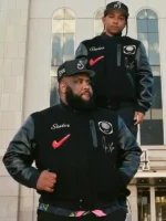 Close-up of the fabric on the Jae Tips Savior Black Varsity Jacket.