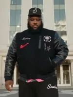 Front view of the classic Jae Tips Savior Black Varsity Jacket.