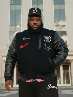 Front view of the classic Jae Tips Savior Black Varsity Jacket.