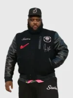 A stylish lifestyle look of the Jae Tips Savior Black Varsity Jacket.