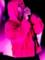 Justin Bieber Coachella Pink Hoodie Close-Up View