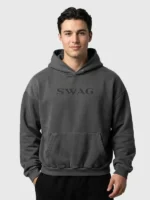 The front profile of the Justin Bieber SWAG Coachella Hoodie featuring a spacious kangaroo pocket and clean finish.