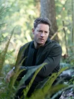 Justin Hartley Tracker S03 Green Jacket close-up view showing texture, stitching, and fine details