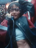 Kehlani Out The Window Leather Jacket close up view showing leather texture and stitching detail