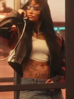 Kehlani Out The Window Leather Jacket closure view showing front fastening and closure detail