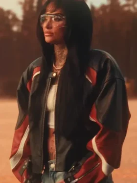 Kehlani Out The Window Leather Jacket side view showing sleeve length and leather jacket profile
