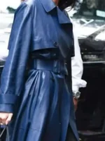 Kendall Jenner Blue Leather Coat close up view showing leather texture and fine stitching detail