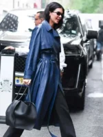 Kendall Jenner Blue Leather Coat front view showing full silhouette and rich blue leather finish