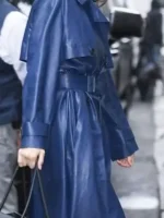 Kendall Jenner Blue Leather Coat side view showing sleeve length and blue leather coat profile