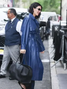 Kendall Jenner Blue Leather Coat view look showing full styled outfit and wearable street appeal