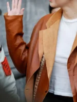 Kendall Jenner Double Layered Leather Blazer closure view showing fastening and front detail