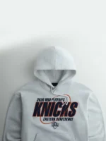 Detailed design perspective of the light grey NBA Playoffs hoodie.