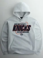 Symmetrical front look at the light grey Kith New York Knicks NBA Playoffs Hoodie.