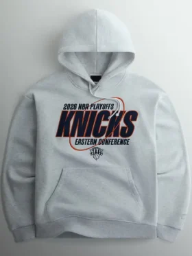 Symmetrical front look at the light grey Kith New York Knicks NBA Playoffs Hoodie.