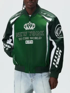 Kith Roy Racing Nylon Bomber Jacket front view showing full silhouette and brown nylon colorway