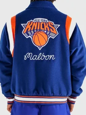 Back view of the iconic Knicks The Garden Varsity Jacket.