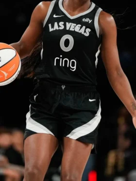 Lifestyle angle of the Las Vegas Aces Jackie Young Black Jersey.