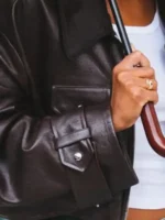 Laura Harrier Leather Jacket close-up view showing leather texture, stitching, and fine details