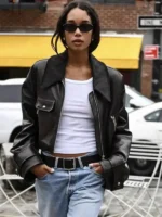 Laura Harrier Leather Jacket closure view showing fastening detail, front finish, and neat structure
