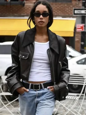 Laura Harrier Leather Jacket closure view showing fastening detail, front finish, and neat structure