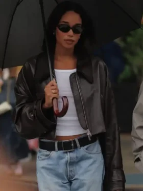 Laura Harrier Leather Jacket front view showing front design, sharp fit, and clean leather finish