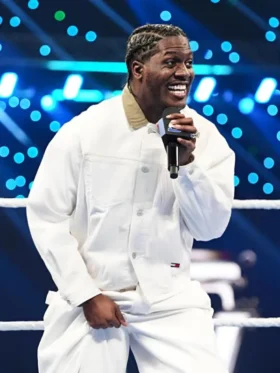 Direct front profile of the Lil Yachty Smackdown White Cotton Jacket.