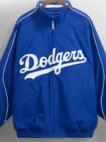 Close-up of the fabric on the Los Angeles Dodgers Royal Dugout Jacket.