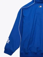 Close-up of the front closure on the Los Angeles Dodgers Royal Dugout Jacket.
