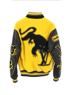 The back profile of the Louis Vuitton Embroidery Varsity Jacket showing the large scale embroidered artwork.