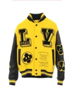 The front profile of the Louis Vuitton Embroidery Varsity Jacket showing the contrast sleeves and embroidered branding.