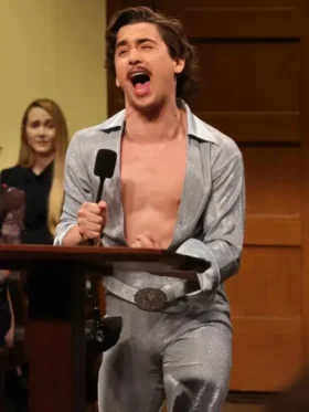 The front profile of the Marcello Hernandez Sequin Jumpsuit featuring a clean neckline and symmetrical sequin patterns.