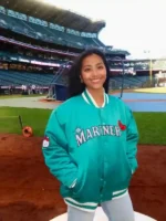 Lifestyle perspective of the Mariners Hello Kitty Jacket.