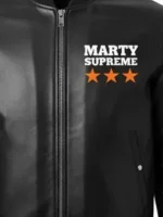 Marty Supreme Black Bomber Jacket close-up view showing stitching, texture, and fine detail finish