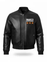 Marty Supreme Black Bomber Jacket front view showing clean zipper design, sharp fit, and black finish