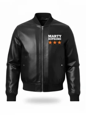 Marty Supreme Black Bomber Jacket front view showing clean zipper design, sharp fit, and black finish