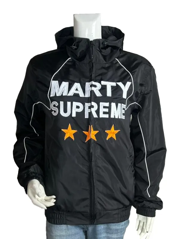 Front view of a black hooded windbreaker jacket with white chest lettering and three orange star embellishments.