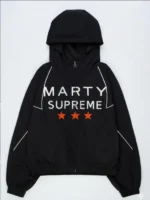 Marty Supreme Black Jacket design view showing close up stitching texture and construction detail