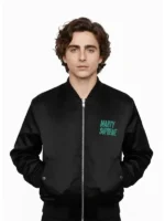 Marty Supreme Black Satin Jacket front view showing full silhouette and deep glossy black satin