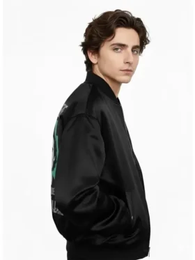 Marty Supreme Black Satin Jacket side view showing sleeve length and black satin profile detail