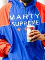 Marty Supreme Blue Jacket close up view showing fabric texture and fine stitching construction