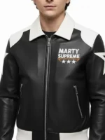 Marty Supreme Bomber Leather Jacket front view showing front design, zipper detail, and sharp fit