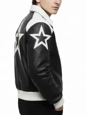 Marty Supreme Bomber Leather Jacket side view showing profile fit, sleeve shape, and clean style