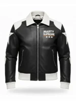 Marty Supreme Bomber Leather Jacket view look showing full shape, bomber fit, and leather finish