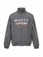A full lifestyle display of the Marty Supreme Gray Track Jacket showing its versatile and neutral color palette.